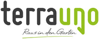 Logo mit dem Wort terrauno in fetten, abgerundeten Kleinbuchstaben, mit terra in Schwarz und uno in Grün. Darunter steht handschriftlich in schwarzer Schrift "Raus in den Garten".