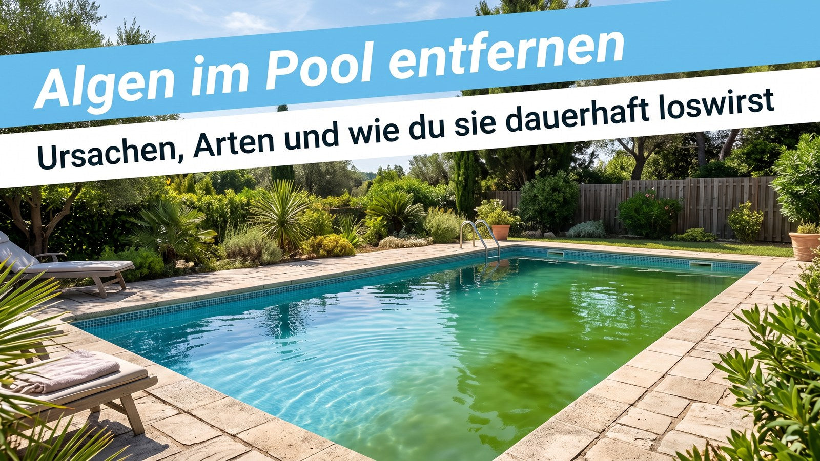 Pool mit grünlich getrübtem Algenwasser in der Sommersonne als Titelbild zum Ratgeber Algen im Pool entfernen von TerraUno