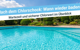 Privater Gartenpool mit kristallklarem türkisem Wasser, Garten und Sommerhimmel – Symbolbild zur Wartezeit nach dem Chlorschock.