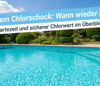 Privater Gartenpool mit kristallklarem türkisem Wasser, Garten und Sommerhimmel – Symbolbild zur Wartezeit nach dem Chlorschock.
