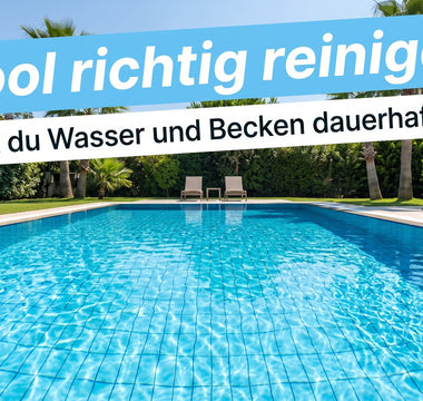 Blitzsauberer Gartenpool mit klarem blauem Wasser und sichtbarem gefliestem Beckenboden in sonnigem Garten