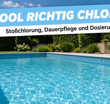 Privater Gartenpool mit kristallklarem blauem Wasser im Sommer als Symbolbild für richtiges Chloren