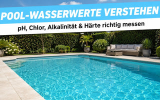 Sauberer Pool mit Banner POOL-WASSERWERTE VERSTEHEN – TerraUno Pillar zu pH, Chlor, Alkalinität und Härte