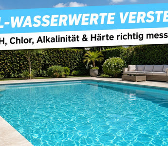Sauberer Pool mit Banner POOL-WASSERWERTE VERSTEHEN – TerraUno Pillar zu pH, Chlor, Alkalinität und Härte