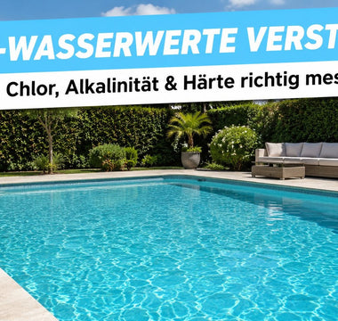 Sauberer Pool mit Banner POOL-WASSERWERTE VERSTEHEN – TerraUno Pillar zu pH, Chlor, Alkalinität und Härte
