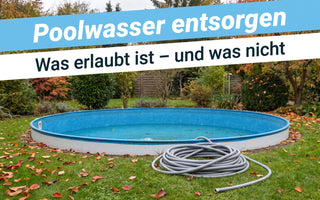 Aufstellpool im Herbstgarten mit abgesenktem Wasserstand und aufgerolltem Gartenschlauch daneben