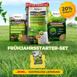 Drei Beutel TerraUno Frühlingsstarter-Set mit Rasensamen und Dünger liegen auf Gras. Zu sehen sind ein gelber "20 Rabatt"-Stern, DHL Gratisversand, eine kleine Gratisprobe und der Hinweis "Frühlingsstarter-Set".