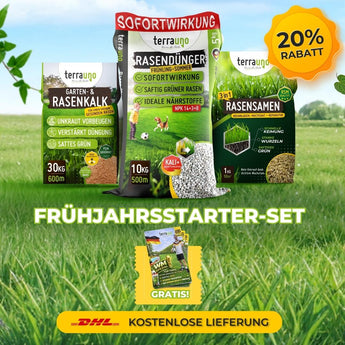 Drei Beutel TerraUno Frühlingsstarter-Set mit Rasensamen und Dünger liegen auf Gras. Zu sehen sind ein gelber "20 Rabatt"-Stern, DHL Gratisversand, eine kleine Gratisprobe und der Hinweis "Frühlingsstarter-Set".