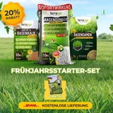 Promo-Bild für TerraUno's Frühlingsstarter-Set mit Rasensamen, Rasendünger und Kalk. Sichern Sie sich 20 Rabatt, kostenlosen DHL-Versand und ein Bonussäckchen - alles, was Sie für einen saftig grünen Rasen im Frühling brauchen.