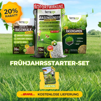 Promo-Bild für TerraUno's Frühlingsstarter-Set mit Rasensamen, Rasendünger und Kalk. Sichern Sie sich 20 Rabatt, kostenlosen DHL-Versand und ein Bonussäckchen - alles, was Sie für einen saftig grünen Rasen im Frühling brauchen.