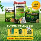 Werbebild des TerraUno Frühlingsstarter-Sets mit Rasendünger, Rasenkalk, Rasensamen, einer 15-Rabattmarke, kostenlosem DHL-Versand und drei weiteren, unten abgebildeten Gratisprodukten.