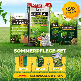Werbebild des TerraUno Frühlingsstarter-Sets mit Rasendünger, Rasenkalk, Rasensamen, einer 15-Rabattmarke, kostenlosem DHL-Versand und drei weiteren, unten abgebildeten Gratisprodukten.