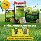 TerraUno Frühlingsstarter-Set, mit Rasendünger, Rasenkalk und Rasensamen, wird präsentiert. Profitieren Sie von 20 Rabatt, Gratisgeschenken und kostenlosem DHL-Versand.