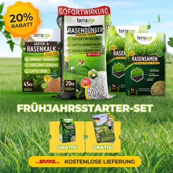 TerraUno Frühlingsstarter-Set, mit Rasendünger, Rasenkalk und Rasensamen, wird präsentiert. Profitieren Sie von 20 Rabatt, Gratisgeschenken und kostenlosem DHL-Versand.