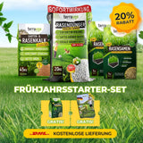 Werbebild zu TerraUno Frühlingsstarter-Set mit Rasendünger, Rasensamen  Kalk. 20 Rabatt, Gratisgeschenke und kostenloser DHL-Versand. Leuchtgrüner Hintergrund mit Rasenpflege-Produkten.