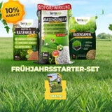 Drei TerraUno Frühlingsstarter-Set Tüten - Rasendünger und Rasensamen - sind auf grünem Gras mit blauem Himmel abgebildet. Der Text hebt 10 Rabatt, sofortige Wirkung und ein kostenloses Extra-Produkt im Frühlingsstarter-Set hervor.