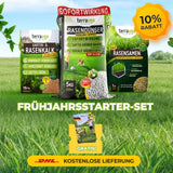 Werbebild für das TerraUno Frühlingsstarter-Set mit Rasendünger, Rasen-Kalk und Rasensamen. "10 Rabatt, Gratis und kostenlose DHL-Lieferung" heben sich auf einem satten, grünen Rasen hervor.