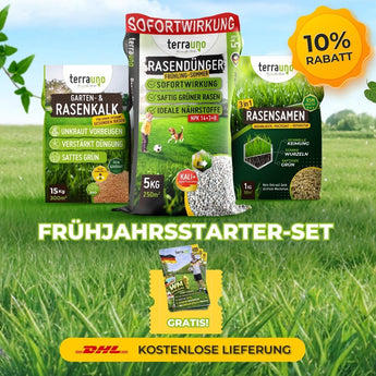 Werbebild für das TerraUno Frühlingsstarter-Set mit Rasendünger, Rasen-Kalk und Rasensamen. "10 Rabatt, Gratis und kostenlose DHL-Lieferung" heben sich auf einem satten, grünen Rasen hervor.