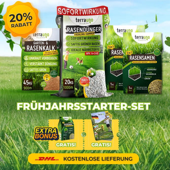 Promobild des TerraUno Frühlingsstarter-Sets: Rasendünger, Kalk und Rasensamen. 20 Rabatt, Extra-Bonus gratis  kostenlose DHL-Lieferung - ideal für Ihre Rasenpflege im Frühling.