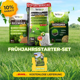 Werbebild für TerraUno's Frühlingsstarter-Set mit Rasendünger, Gartenkalk, und Rasensamen. Jetzt 10 Rabatt, gratis DHL-Versand  kleines Geschenk. Grünes, gelbes und weißes Design.