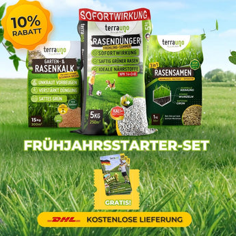 Werbebild für TerraUno's Frühlingsstarter-Set mit Rasendünger, Gartenkalk, und Rasensamen. Jetzt 10 Rabatt, gratis DHL-Versand  kleines Geschenk. Grünes, gelbes und weißes Design.