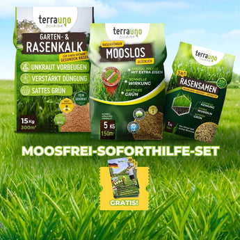 Das TerraUno Moosfrei Soforthilfe Set, bestehend aus Rasenkalk, Moosentferner und 3-in-1-Rasensamen, ist mit einer kostenlosen Probepackung abgebildet. Der Schriftzug "MOOSFREI-SOFORTHILFE-SET" ist auf grünem Gras abgebildet.