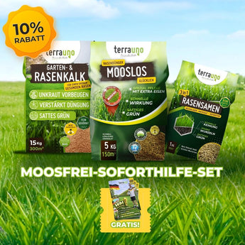 Drei Produkte des TerraUno Moosfrei Soforthilfe Sets Gartenkalk, Moosentferner zur effektiven Moosbekämpfung, Rasensamen stehen auf grünem Gras. Links ist ein gelbes 10-Rabatt-Etikett zu sehen, darunter ein kleines Gratis-Bonus-Bild. Text: Moosfrei Soforthilfe Set.