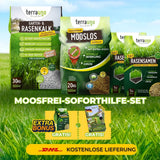 Das TerraUno Moosfrei Soforthilfe Set für die Rasenpflege - bestehend aus Rasenkalk, Moosentferner und Rasensamen - ist auf grünem Rasen mit blauem Himmel abgebildet. Werbebanner weisen auf kostenlose Geschenke und kostenlosen DHL-Versand hin.