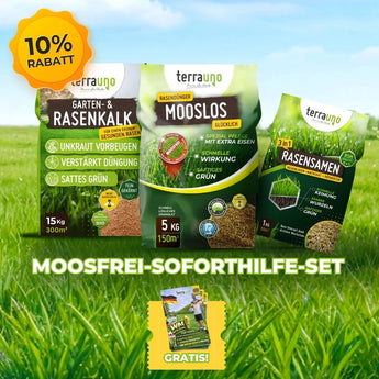 Drei TerraUno Rasenpflege-Produkte und eine Gratisprobe werden auf einer Wiese unter strahlendem Himmel gezeigt. Ein "10 Rabatt"-Angebot hebt das Moosfrei Soforthilfe Set-Ihre schnelle Hilfe zur Moosbekämpfung hervor.