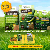 Verpackung des TerraUno Moosfrei Soforthilfe Sets mit Etiketten, einer 25 Rabatt-Plakette, Bannern für Extra-Boni  gratis DHL-Versand. Das Set enthält Garten-  Rasenkalk, Mooslos für effektive Moosbekämpfung und Rasensamen.