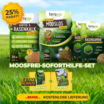 Verpackung des TerraUno Moosfrei Soforthilfe Sets mit Etiketten, einer 25 Rabatt-Plakette, Bannern für Extra-Boni  gratis DHL-Versand. Das Set enthält Garten-  Rasenkalk, Mooslos für effektive Moosbekämpfung und Rasensamen.