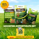Drei TerraUno Moosfrei Soforthilfe Set Bags liegen auf Gras mit 15 Rabatt-Badge. Text: Moosfrei Soforthilfe Set  kostenlose Lieferung gratis, daneben DHL-Logo.