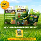 Drei TerraUno Moosfrei Soforthilfe Set Produkte für die effektive Rasenpflege - Rasenkalk, Moosentferner und Rasensamen - sind auf dem Rasen mit einer 15 Rabatt-Plakette, dem Text "Moosfrei-Soforthilfe-Set" und einem Banner "Kostenlose Lieferung" am unteren Rand abgebildet.