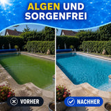 Geteiltes Bild eines Schwimmbeckens: links grün und mit Vorher beschriftet, rechts blau und mit Nachher beschriftet. Text oben: Algenfrei und sorgenlos - dank dem Poolpflege Bestseller-Set von TerraUno.