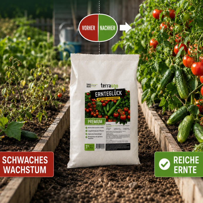 Ein Sack Terraugno-Dünger steht auf dem Boden zwischen zwei Gemüsebeeten; auf der linken Seite wachsen schwache, spärliche Pflanzen, während auf der rechten Seite üppige, ertragreiche Tomatenpflanzen stehen. Auf den deutschen Beschriftungen steht links „Schwaches Wachstum“ und rechts „Reiche Ernte“.