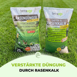 Zwei Säcke des TerraUno Frühlingsstarter-Sets stehen auf grünem Gras. Einer enthält Frühlings-Sommer-Dünger, der andere Garten- und Rasenkalk. Der grüne Text darunter lautet: Verstärkte Düngung durch Rasenkalk.