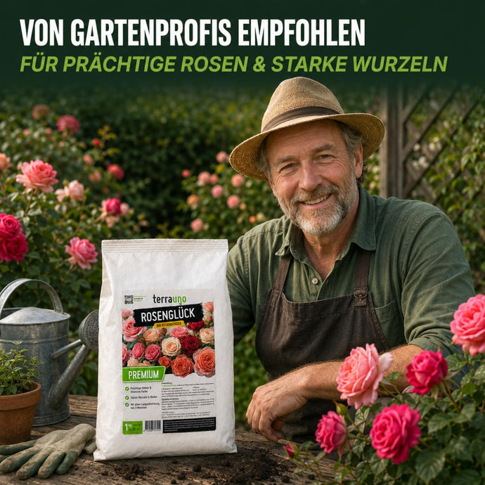 Ein lächelnder Gärtner mit Hut und Schürze kniet in einem blühenden Rosengarten neben einem Sack „TerraUno Rosenglück“-Dünger. Der Text darüber lautet: Von Gartenprofis empfohlen für prächtige Rosen  starke Wurzeln.