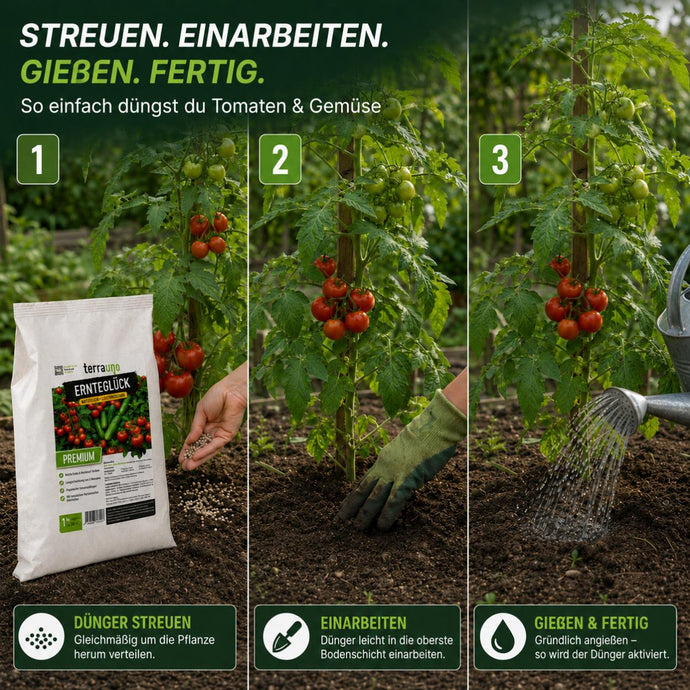 Es wird eine dreistufige Anleitung zur Düngung von Tomatenpflanzen gezeigt: 1 Der Dünger wird ausgebracht, 2 die Erde wird leicht durchgemischt, 3 die Pflanzen werden gegossen. Zu sehen sind Tomatenpflanzen mit reifen Tomaten und einem Düngerbeutel.