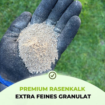 Eine behandschuhte Hand hält feines, leichtes Rasenkalk - Angebot Granulat von TerraUno über grünem Gras. Text: "Premium Extra Feines Granulat" - ideal zum Bodenausgleich des pH-Werts und zur Moosentfernung.