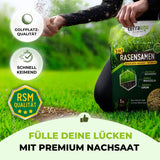 Eine Person schüttet einen Beutel TerraUno Frühlingsstarter-Set auf einen saftig grünen Rasen. Der Text hebt "Golfplatz-Qualität", "Schnell keimend" und "Fülle deine Lücken mit Premium Nachsaat" hervor.