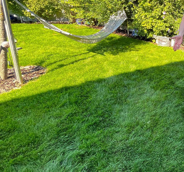 Ein Hängemattengestell aus Metall mit einer Netzhängematte liegt auf einem grünen, sonnenbeschienenen Rasen. Im Hintergrund befinden sich Bäume und Büsche, und am rechten Bildrand ist ein Teil des Arms einer Person zu sehen.