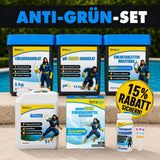 Unter der Überschrift "Anti-Grün-Set" sind fünf TerraUno-Poolpflegeprodukte abgebildet, wobei rechts ein "15 Rabatt sichern"-Aufkleber auf die effektive Algenbekämpfung und Schockchlorierung hinweist. Rechts unten sind fünf Teströhrchen abgebildet.
