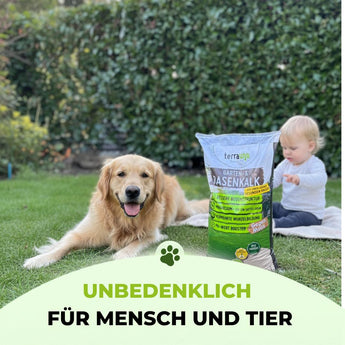 Ein Golden Retriever und ein Baby sitzen auf einer Wiese neben einer Tüte TerraUno Garten-  Rasenkalk. Der Text lautet: Unbedenklich für Mensch und Tier-ideal zum Regulieren des pH-Werts und für moosfreien Rasen.