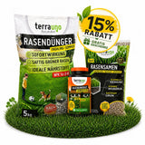 Drei TerraUno Sommerset mit Unkrautvernichter Produkten auf Gras, mit einem runden gelben "15 Rabatt + Gratis Geschenke" Etikett und grünen Blättern im Hintergrund.