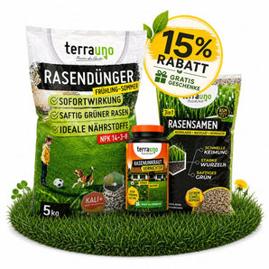 Drei TerraUno Sommerset mit Unkrautvernichter Produkten auf Gras, mit einem runden gelben "15 Rabatt + Gratis Geschenke" Etikett und grünen Blättern im Hintergrund.