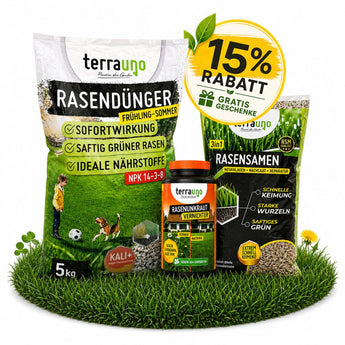 Drei TerraUno Sommerset mit Unkrautvernichter Produkten auf Gras, mit einem runden gelben "15 Rabatt + Gratis Geschenke" Etikett und grünen Blättern im Hintergrund.