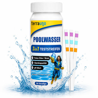 Abgebildet ist eine Flasche TerraUno Aquacheck Teststreifen mit Wasserspritzern. Es sind drei Streifen abgebildet, ideal zum Testen von Chlor, zur Messung des pH-Werts und zur Überprüfung des Brom- und Säuregehalts.