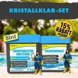 Zwei blaue Behälter mit TerraUno Kristallklar Paket stehen an einem Pool mit Superhelden-Maskottchen. Auf einer gelben Plakette steht 15 Rabatt sichern Text oben: Kristallklar Paket - ideal für schnelle Schockchlorierung  dauerhaft klares Wasser.