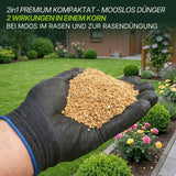 Eine behandschuhte Hand hält das TerraUno Moosfrei Soforthilfe Set Granulatdünger in einem Garten. Der deutsche Text hebt ihn als 2-in-1 Rasenpflege- und Moosbekämpfung-Dünger für einen moosfreien, gesunden Rasen hervor.