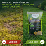 Ein Vergleichsbild zeigt fleckigen, moosigen Rasen Vorher und saftig grünen Rasen mit einem TerraUno Moosfrei Soforthilfe Set Nachher. Der Text hebt die Vorteile der Rasenpflege und der effektiven Moosbekämpfung durch Nachsaat mit TerraUno hervor.